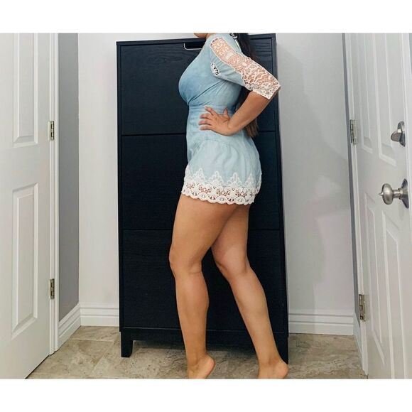 New Super Sexy Blue Faux Denim Lace Romper - Picture 2 of 4